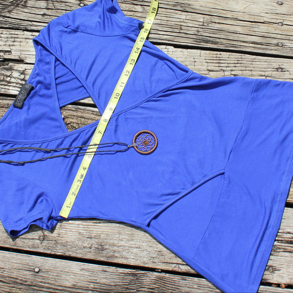 Deep V Neck Open Back Wrap T Shirt Royal Blue S/P - Picture 4 of 8